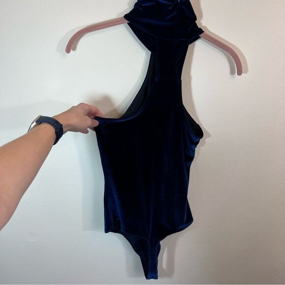 ✨ Alix Nyc Midnight Blue Velvet Asymmetric Mockneck Thong Carmine Bodysuit Small - Picture 7 of 13